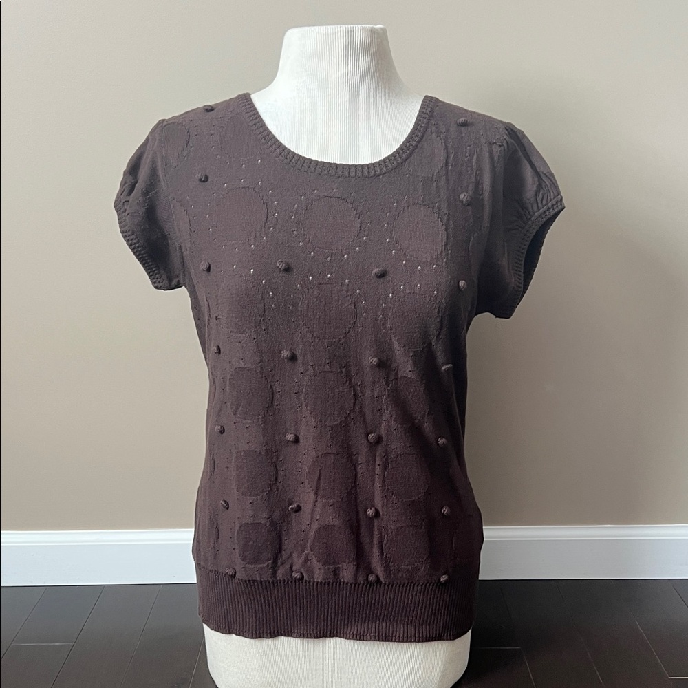 Milly of NY Brown Short, bubble Sleeve Knit Top w/circular design Sz L NWOT